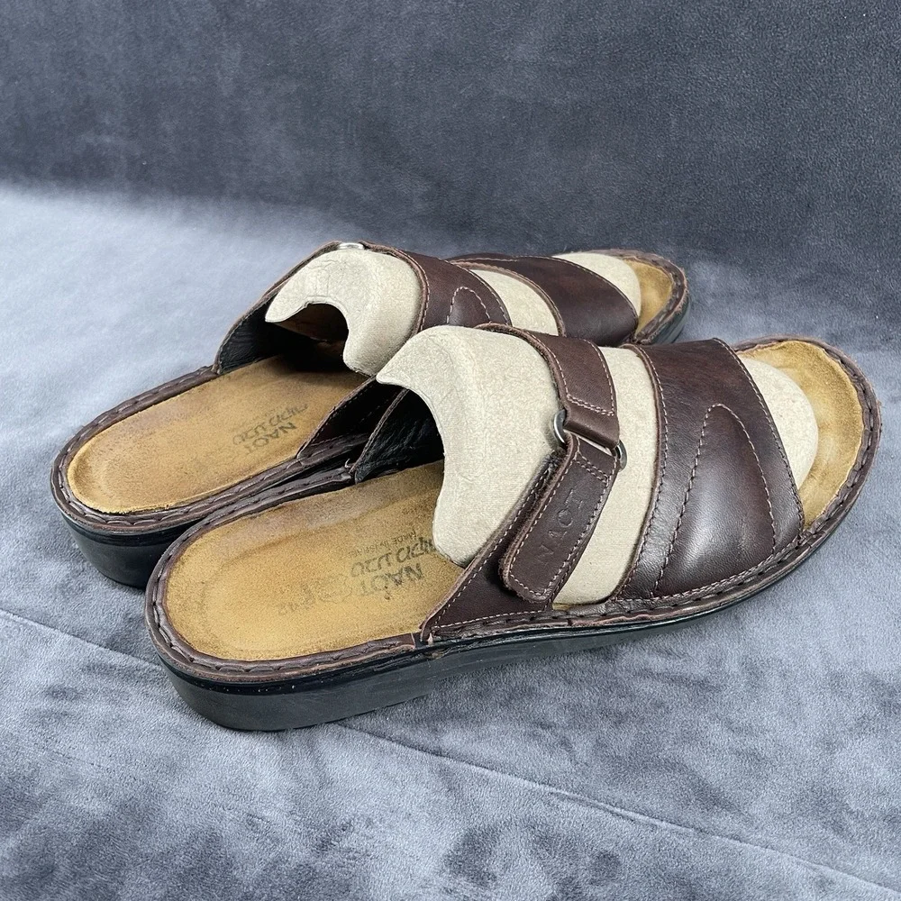 Naot Brown Leather Slide Sandals Men's EU 42 US 9 Adjustable Comfort